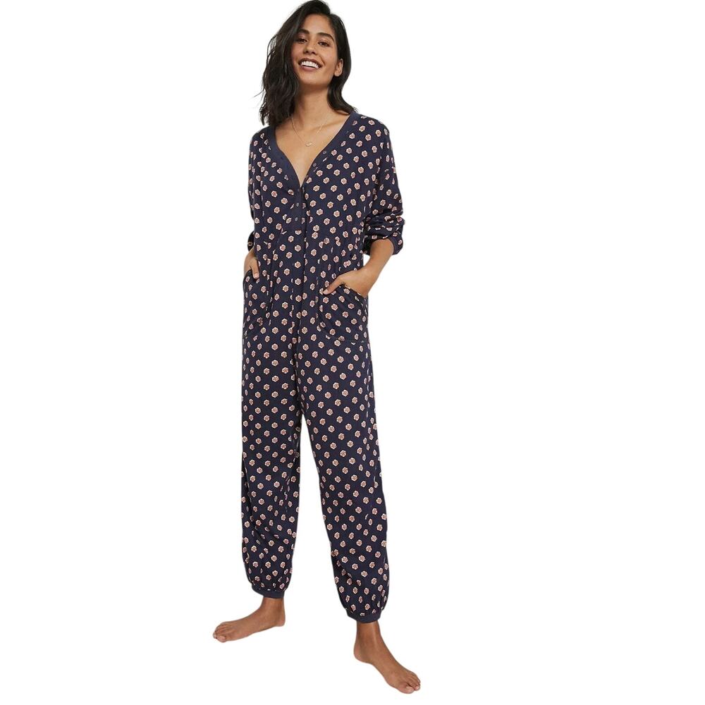 Anthropologie Fireside Sleep Jumpsuit Womens Small Navy Boho Floral Pajamas